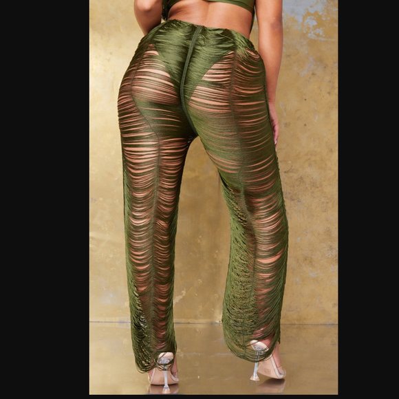 Pretty Little Thing Green Fringe Pants - Picture 2 of 4